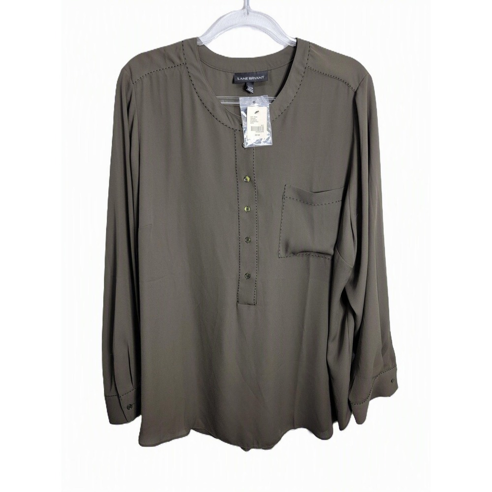 Lane Bryant Womens 22/24 Blouse Olive Green Pick Stitch Henley Pleated Back New